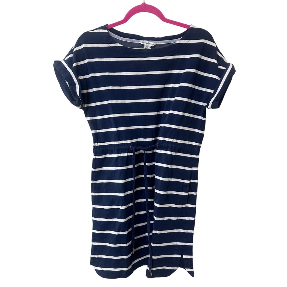 Tommy Bahama Womens Navy Blue White Striped Drawstring T-Shirt Dress Small S/P